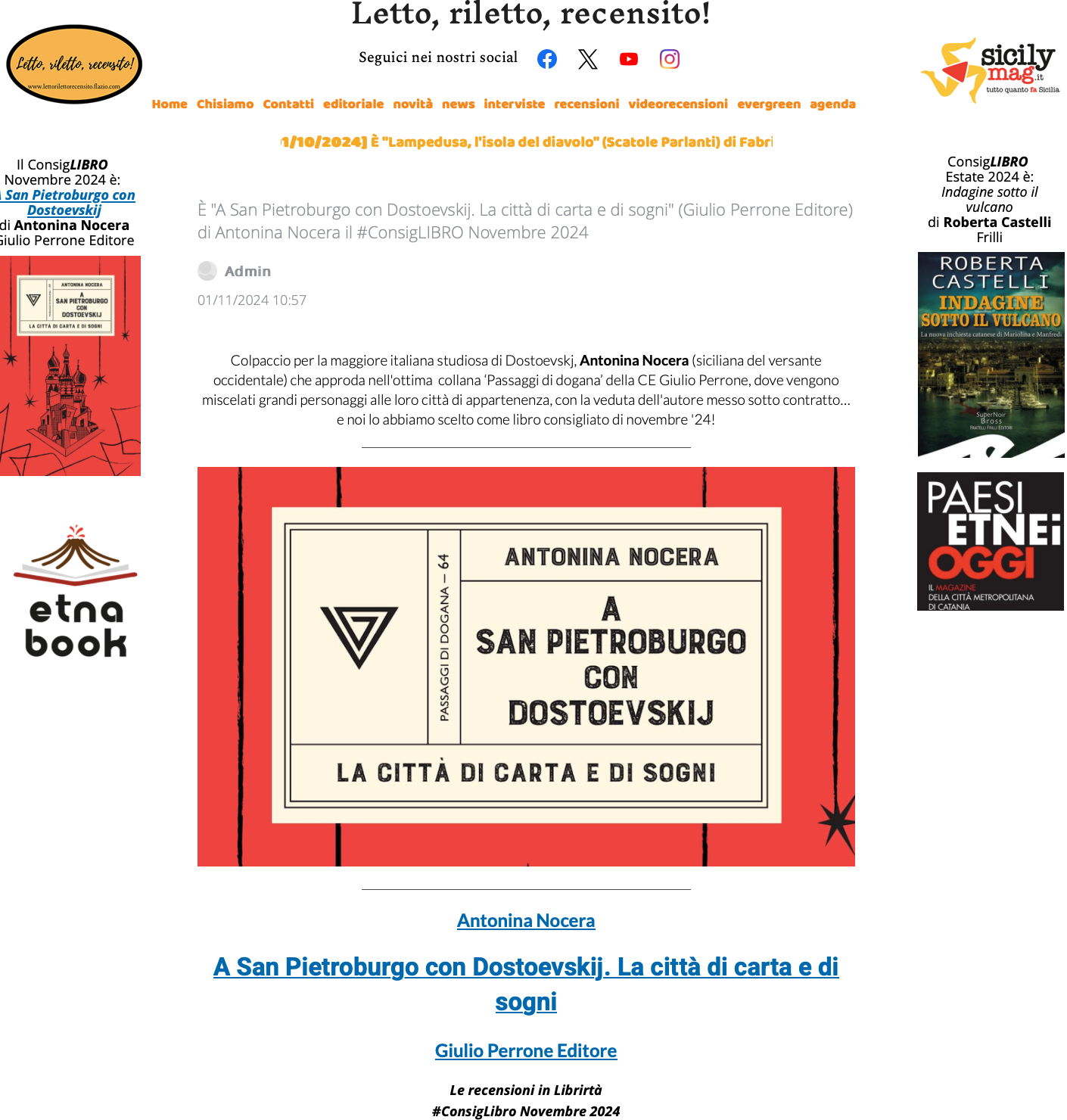 SMF per LRR – È “A San Pietroburgo con Dostoevskij. La città di carta e di sogni” (Giulio Perrone Editore) di Antonina Nocera il #ConsigLIBRO Novembre 2024